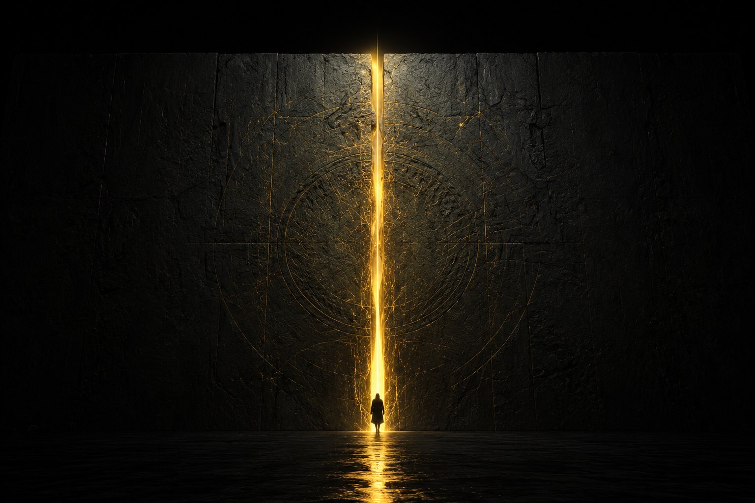 A figure walking into a towering crack of gold light